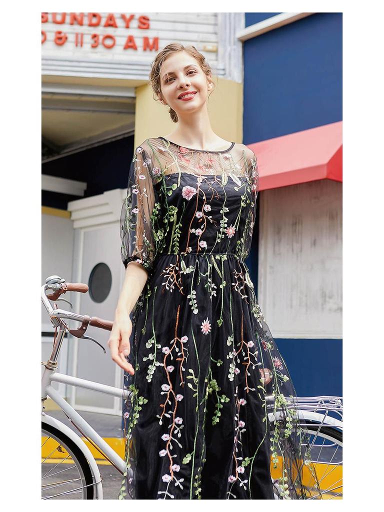 Hepburn Style Plus Size Evening Gown: Women's Mesh Embroidery Banquet Party Dress