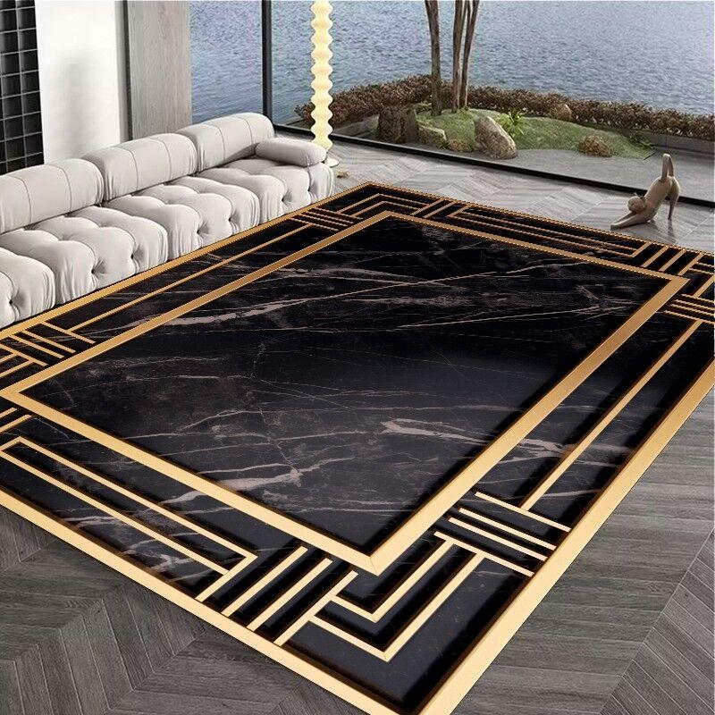 Alfombra Decorativa de Sofá para Interiores y Exteriores de Lujo Negra Incrustada con Oro Alfombra de Área para Mesas de Café Alfombrilla Suave Antideslizante para Niños