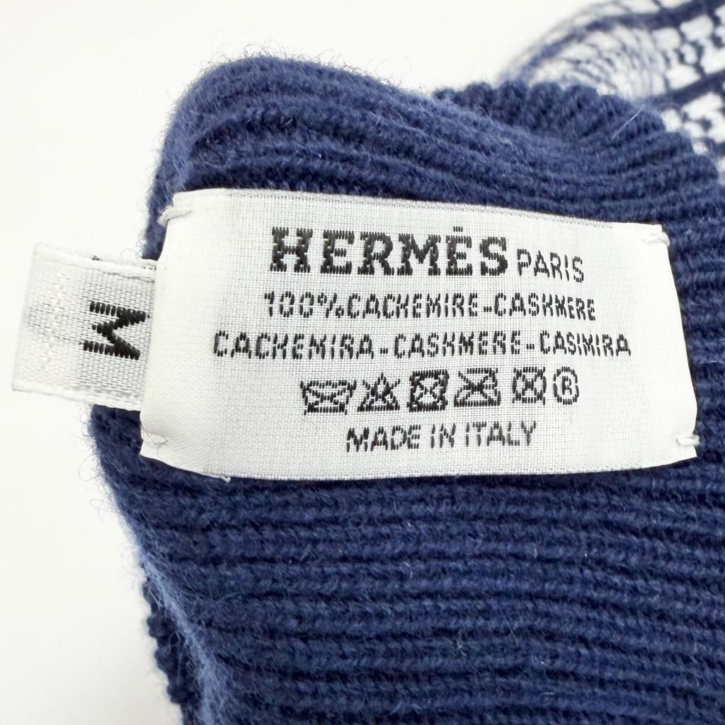 Excellent HERMES Hope Mitten H-pattern Knit Jacquard Gloves Navy Cashmere M Used