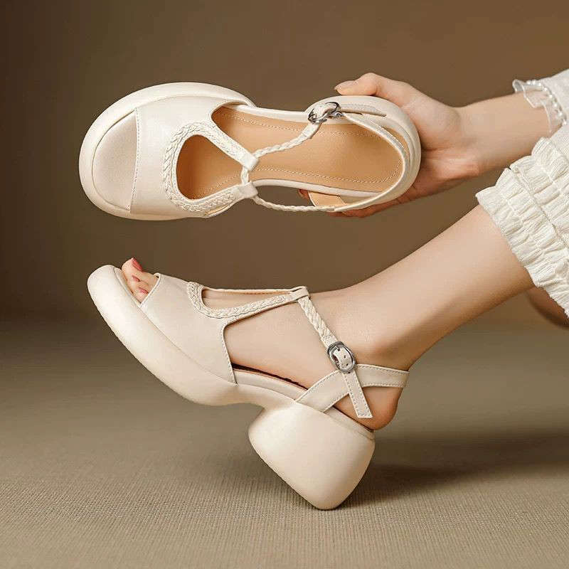 Fairy wind thick-soled thick-heeled sandals summer new woven versatile soft-soled high-heeled fish-mouth shoes