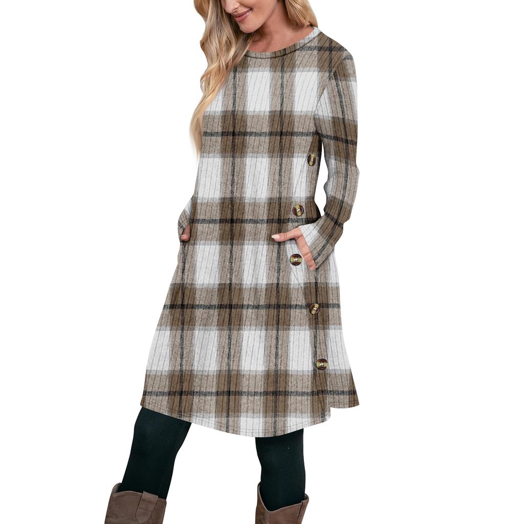 Women's Fashion Casual Long SleeveTunic Dress With Pockets Side Button Dress