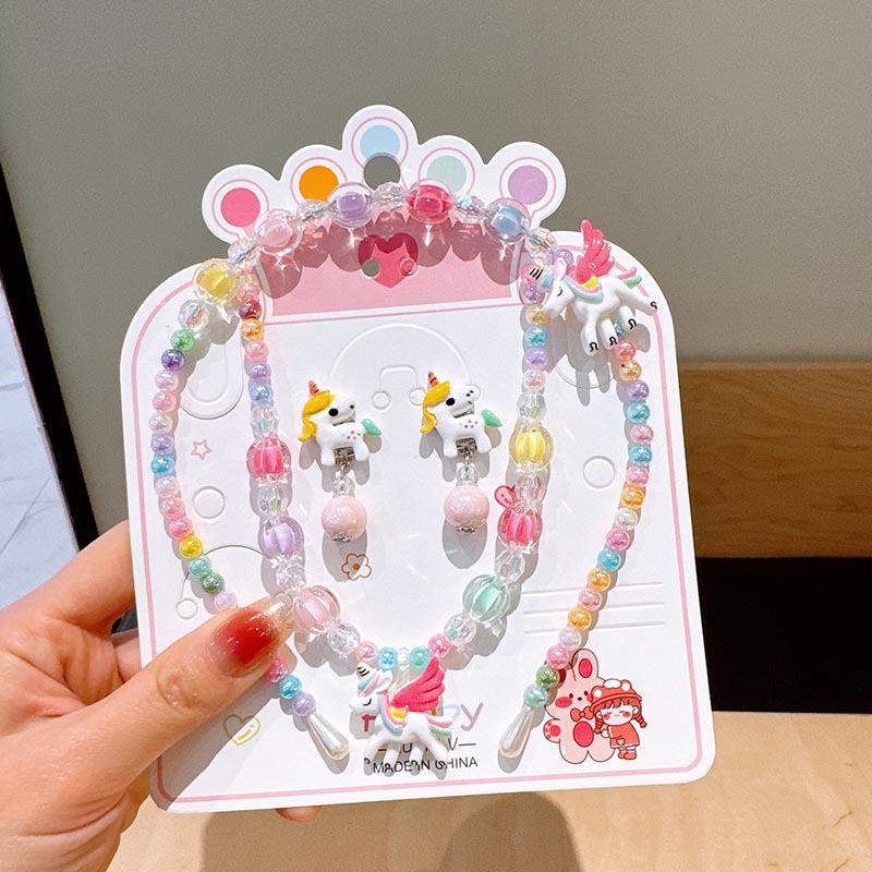 Colorful Pearl Necklace and Jewelry Set: Beaded Bracelet, Cartoon Headband, Earrings - Princess Accessories for Girls