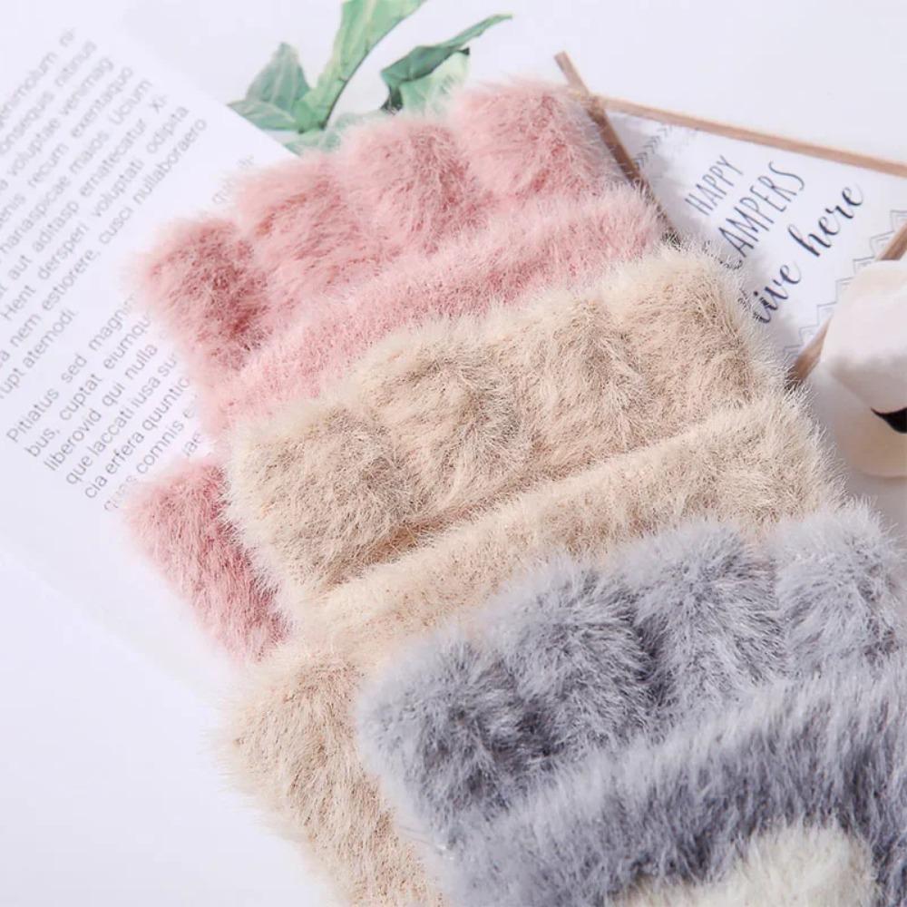 Fingerless Cat Paw Gloves Warm Fleece Touch Screen Gloves New Flip Knit Mittens  Women Girls