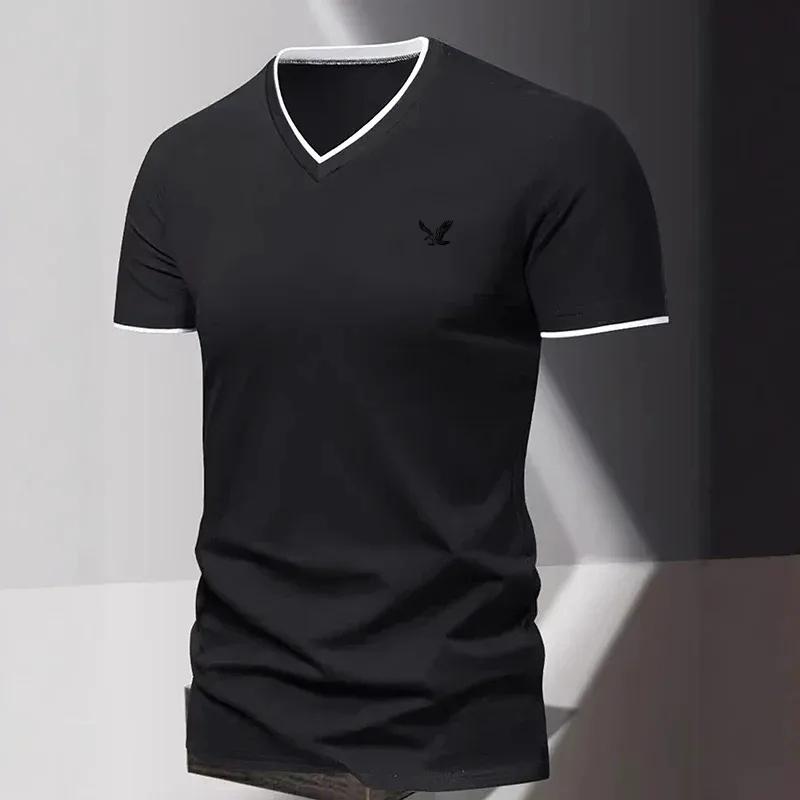 Men s Summer New Short Sleeved Top Solid Color Printed V-neck Business Shopping Men s T-shirt S