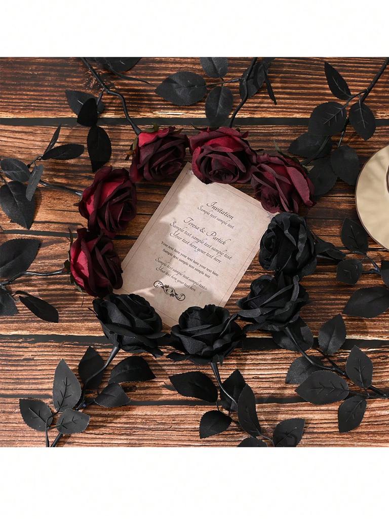 10PCS 50CM Dark Red Black Rose Artificial Flowers Halloween Party Dark Photo Decoration Prop Goth Rose Wedding Home Decor