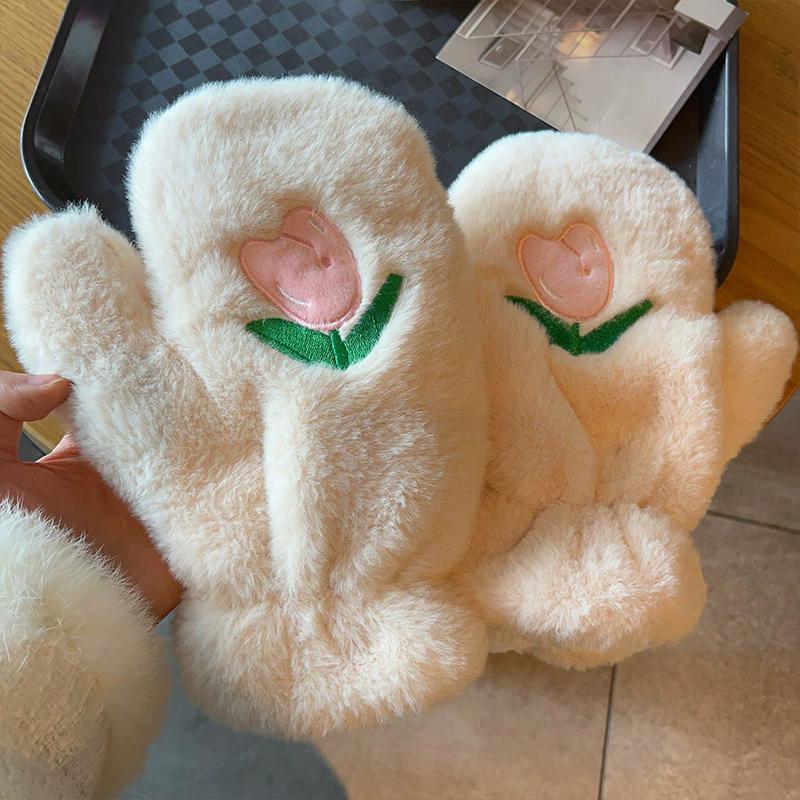 WTEMPO Solid Color Autumn Winter Warm Plush Mittens Women's Cute Tulip Patterned Embroidered Gloves Windproof Cold-proof Cycling Hanging Neck Gloves