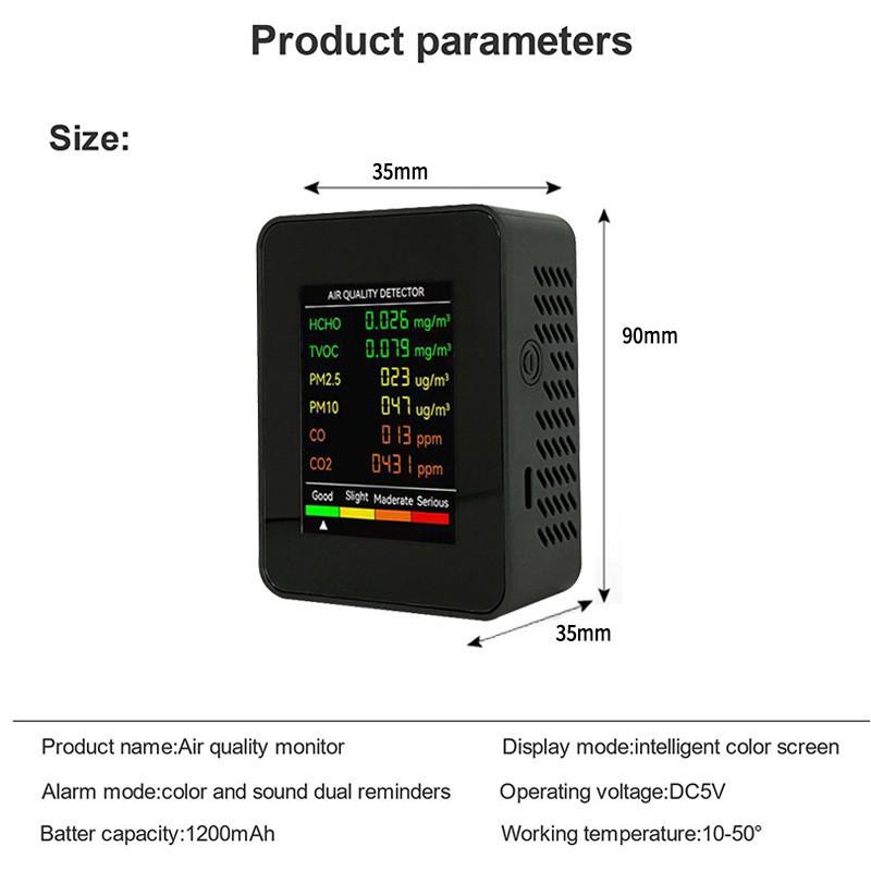 6-in-1 Air Quality Monitor: Formaldehyde, PM2.5, CO2, TVOC Detection