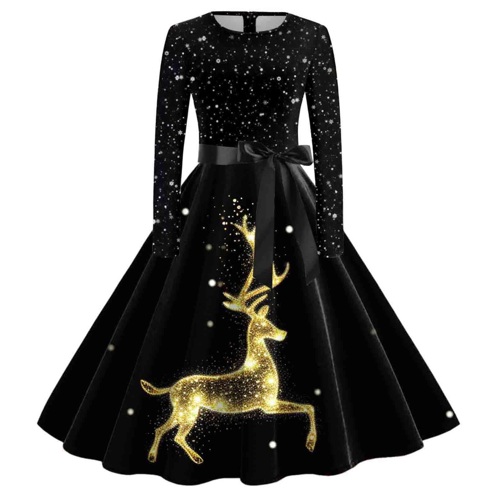 

Жіночі повсякденні модні вінтажні довгі сукні з різдвяними графічними принтами з довгими рукавами XXL чорний