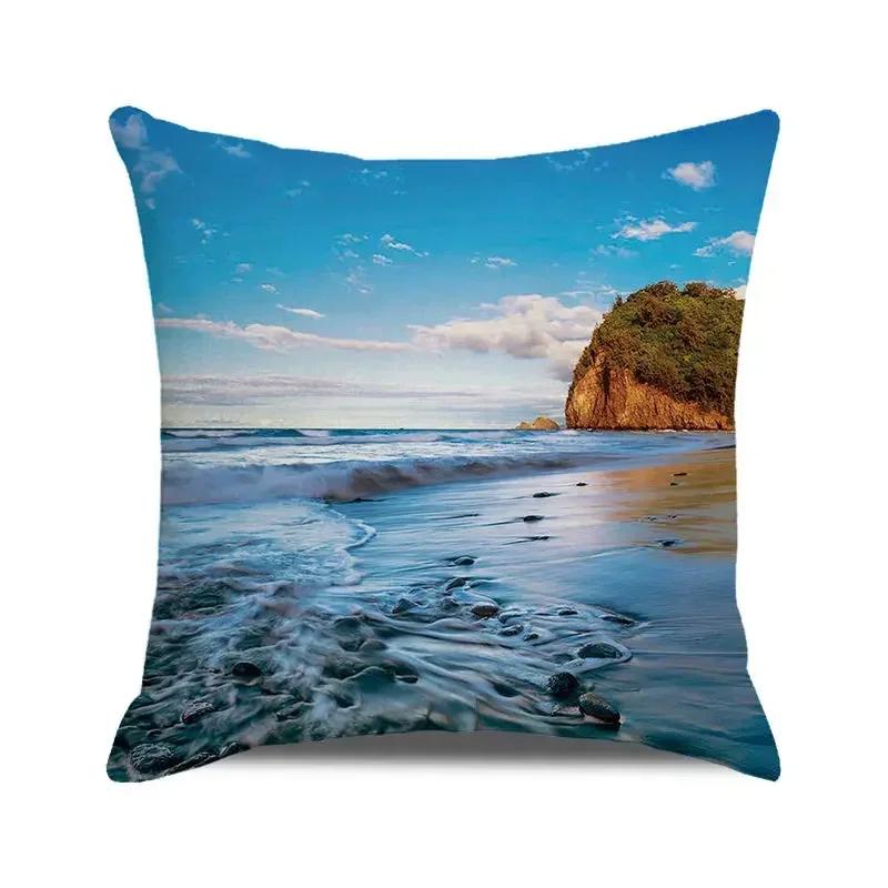 45x45 Cm Blue Ocean Style Square Cushion Cover Beach Coconut Grove Sunset Scenery Print Pillowcase Home Decor Pillow Cover