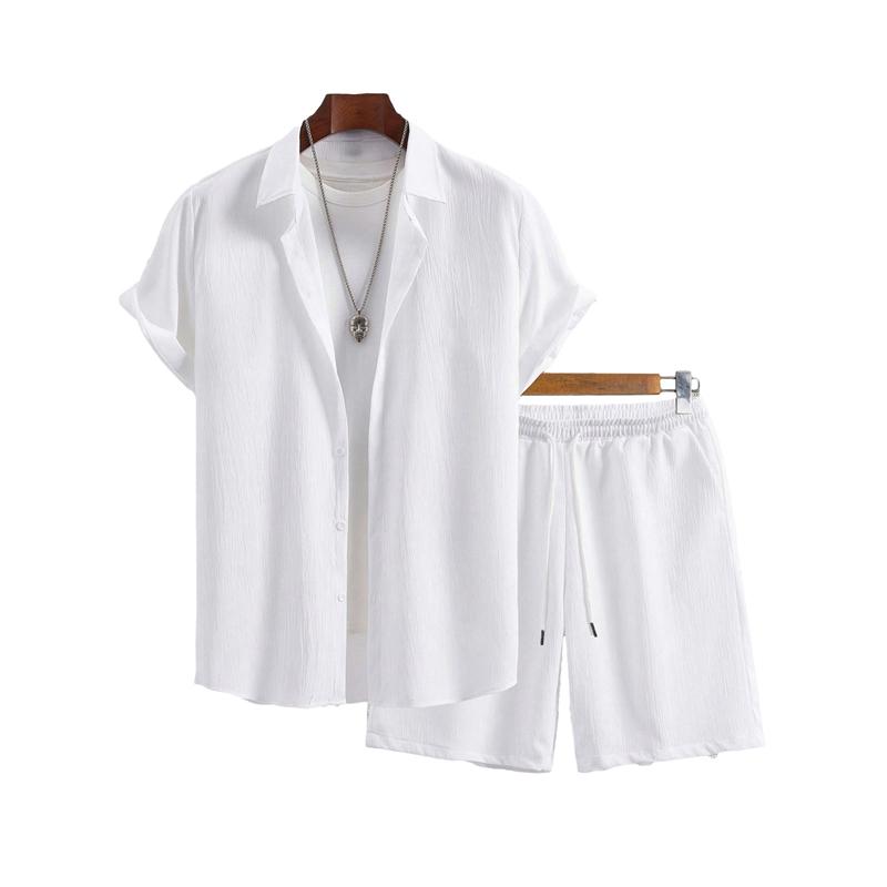 Men Wrinkle Textured 2 Piece Set Short Sleeve Button Shirt & Drawstring Shorts Summer Beach Casual Matching Outfit