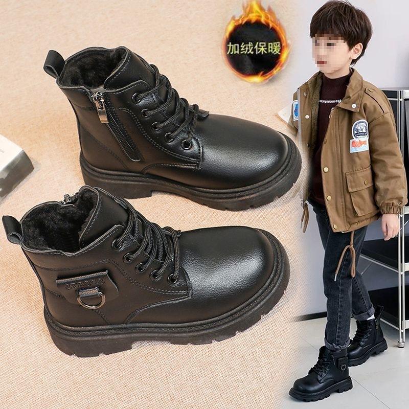Boys Martin leather boots children's boots 2025 autumn and winter new velvet British boys short boots children