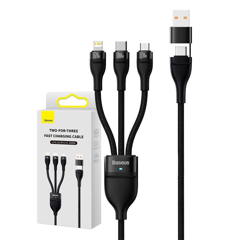 Baseus Flash Series 2 3-in-1 USB Cable, USB-C + Micro USB + Lightning, 100W, 1.2M (Black)