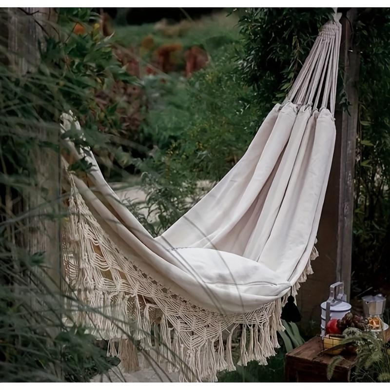 Entspannen Sie mit Stil: Hochwertige Baumwoll-Canvas-Hängematte mit gewebten Quasten für Zuhause, Schlafzimmer, Terrasse, Veranda, Garten, Strand