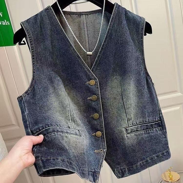 

Женский джинсовый жилет в стиле ретро в Гонконге, жилет без рукавов с V-образным вырезом на весну и осень L