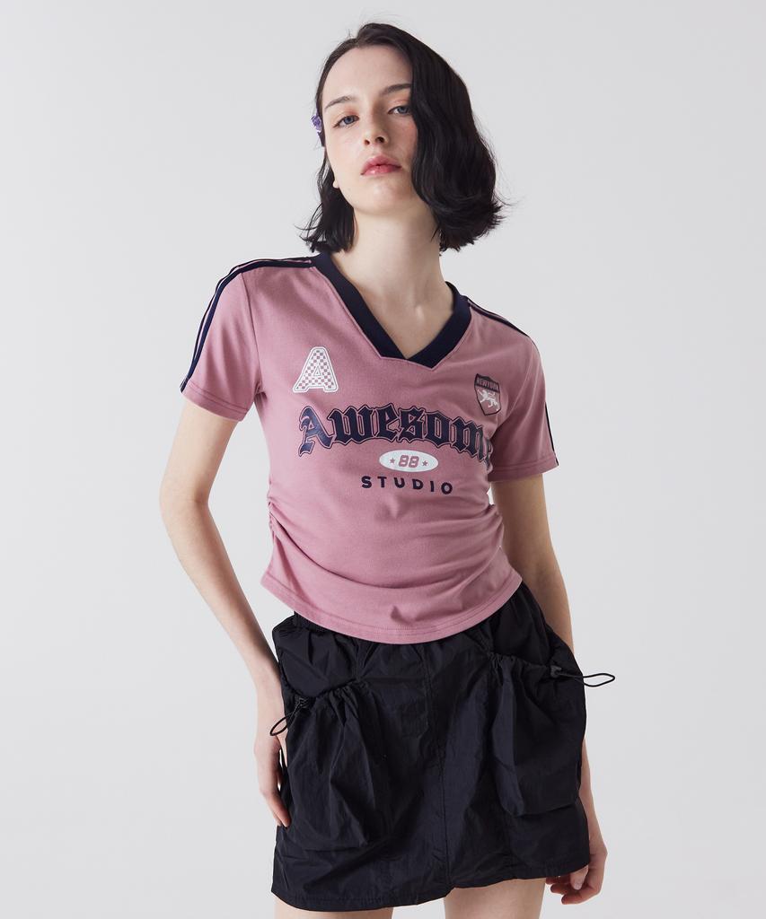 AWESOME STUDIO Short Sleeve Blockcore V-Neck Shirred T-Shirt Ivory