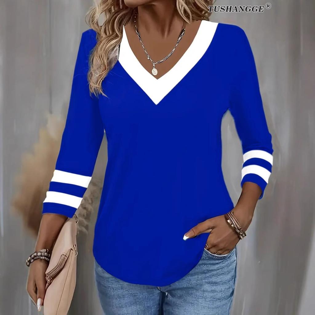 American style 2026 new women's casual fashion trendy high-quality color-blocked long-sleeve V-neck T-shirt