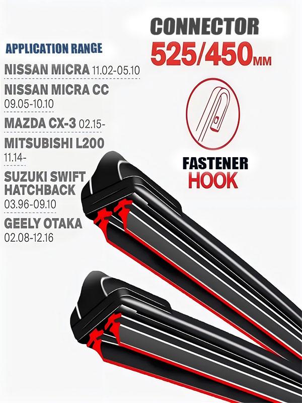Hook Wiper Blades (21 +18 ) for Nissan Micra, Mazda CX-3, Mitsubishi L200, Suzuki Swift & Geely Otaka