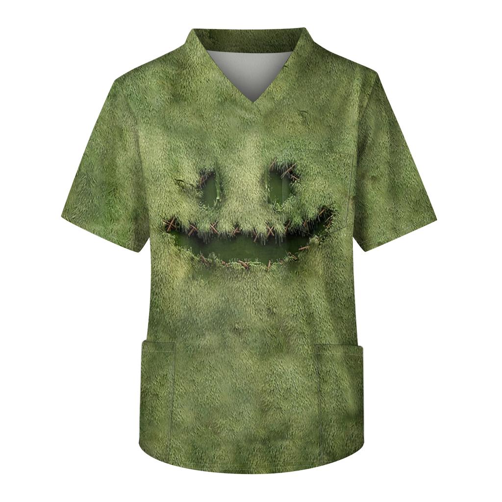 Men's Printing Short Sleeve V-neck Working Blouse Chest Pocket Carer Top