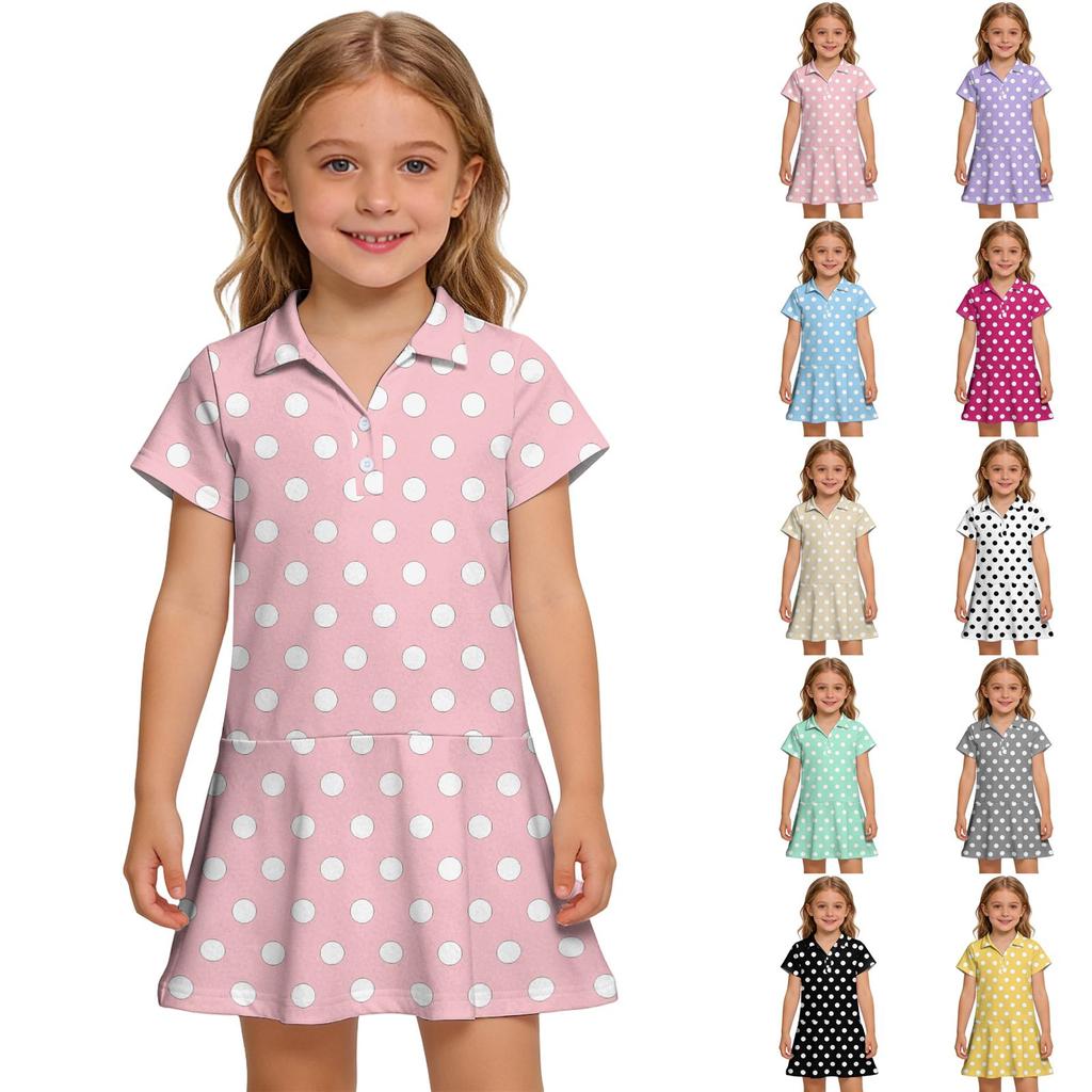 Girls Short Sleeve Polo Dress with Polka Dot Print and Pockets Casual Lightweight Summer Dress for Kids