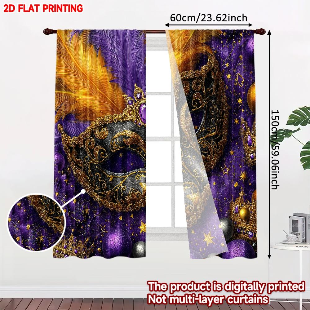 2D flat printing 2pcs Curtain Window Curtains Mardi Gras Mask and Crowns Digital Printed Polyester Drapes Family Party
