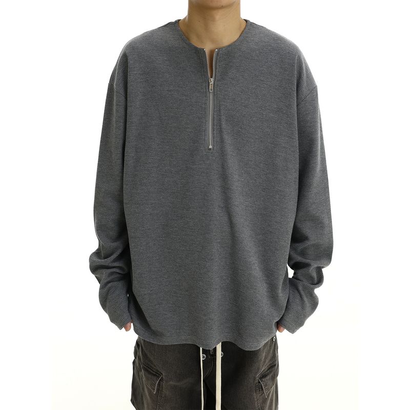 American Retro Fashion Brand Sweater Men's Fall and Winter New Arrival Loose Inner Wear Half Zipper Waffle Long Sleeves T-shirt Bottoming Shirt