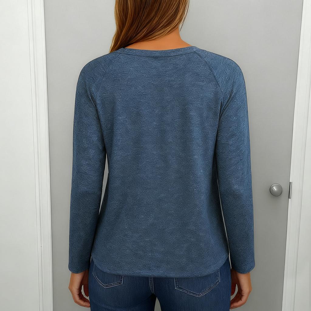Women's Fashionable Solid Color Round Neck Long Sleeved Casual Pullover T-shirt Top