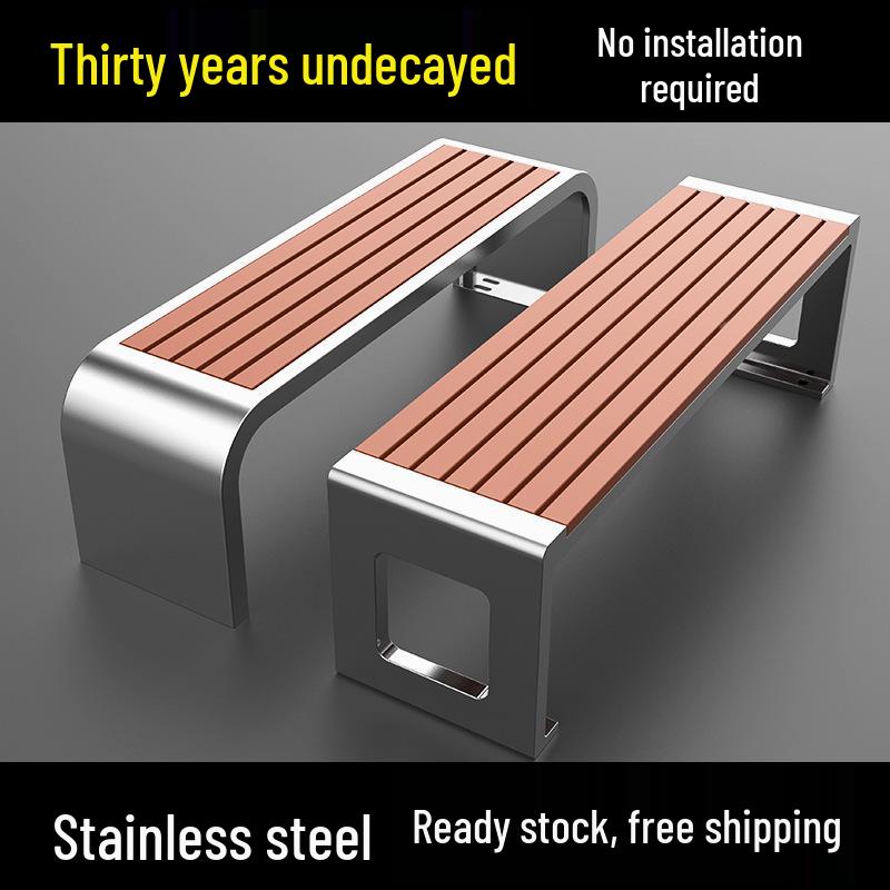 Stainless Steel & Wood Outdoor Park Bench - Double Long Stool for Community Use