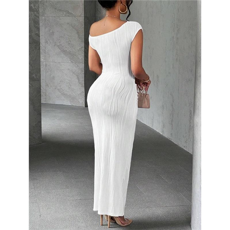 Sexy Solid Color Dress Cute Slim Water Ripple Diagonal Shoulder Dress