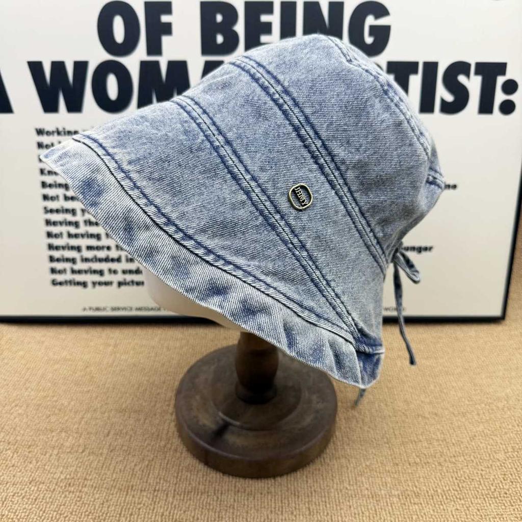 American Retro Denim Bucket Hat Old Washed Metal Label Adjustable Daily Versatile Sunshade Basin Hat Foldable