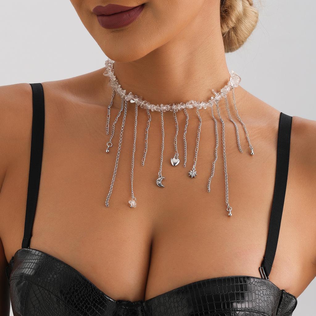 Jewelry Love Moon Tassel Element Clavicle Chain Sweet Cool Wind Crystal Natural Stone Necklace Female