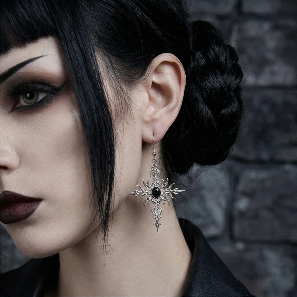 Women's Black Retro Gothic Cross Earrings with Oil Drip Style - Unique Dangle Accessories