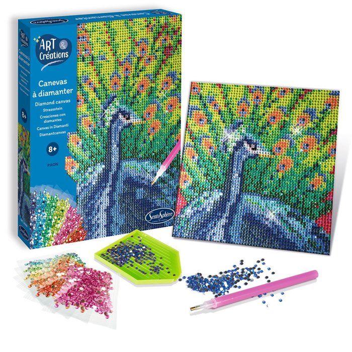 Création à base de mini strass - SENTOSPHERE - Art &amp; Créations - Canevas à Diamanter - Paon - Dès 8 ans