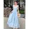 French Summer Slim Seaside Vacation Long Dress Sweet Blue Flower Small Flying Sleeve Suspender Dress Women's Leisure