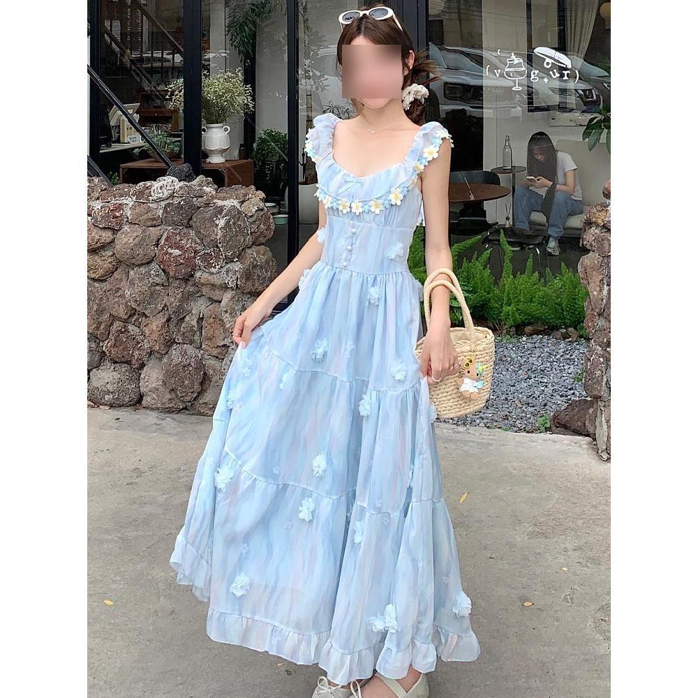 French Summer Slim Seaside Vacation Long Dress Sweet Blue Flower Small Flying Sleeve Suspender Dress Women's Leisure