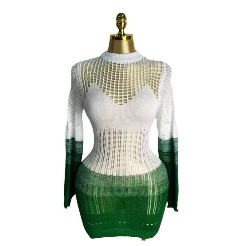 

European and American New Fashion Casual Slim fit Long sleeve Sexy Knitting Cut-out Dress Sexy Knitted Dress Green One size