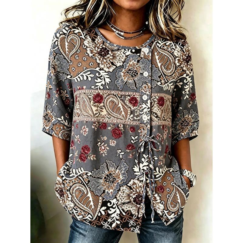 Women's Spring Summer Drawstring Blouse, Boho Paisley & Floral Patchwork Print Casual Tops for Daily Street Holiday Outfit