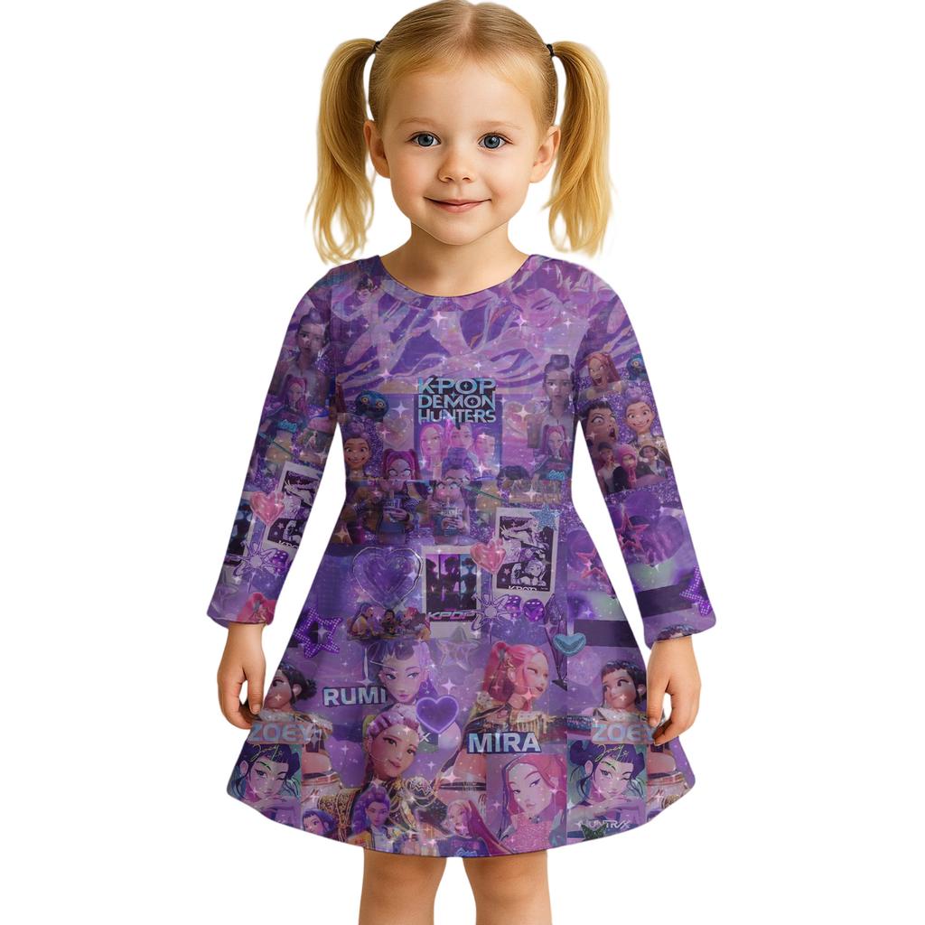 Kids Girls Casual Daily Dress Cute Cartoon Print Long Sleeves Dance Wear Princess Dress  2-12 Years
