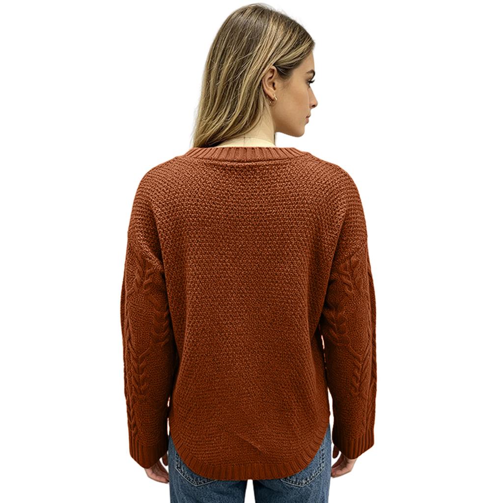 Women's V-Neck Cable Knit Long Sleeve Slim Fit Pullover Sweater