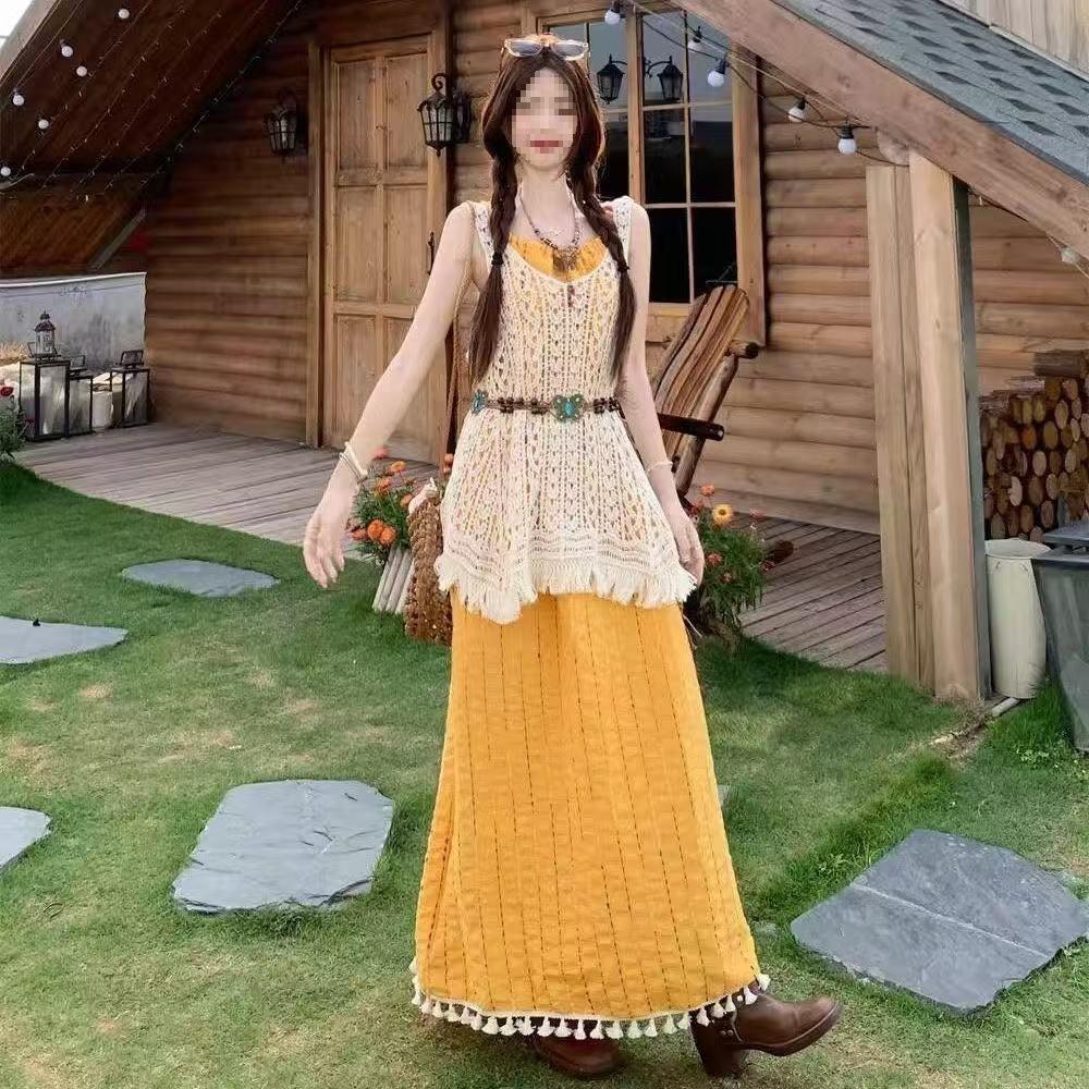 Bohemian Holiday Style Suit, Korean Tassel Suspender Dress Stacked with Hollow Blouse, a Complete Set of Women's Summer