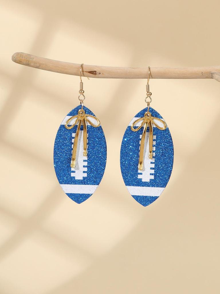 European-American Super Bowl Sporty PU Leather Football Earrings with Alloy Bowknot