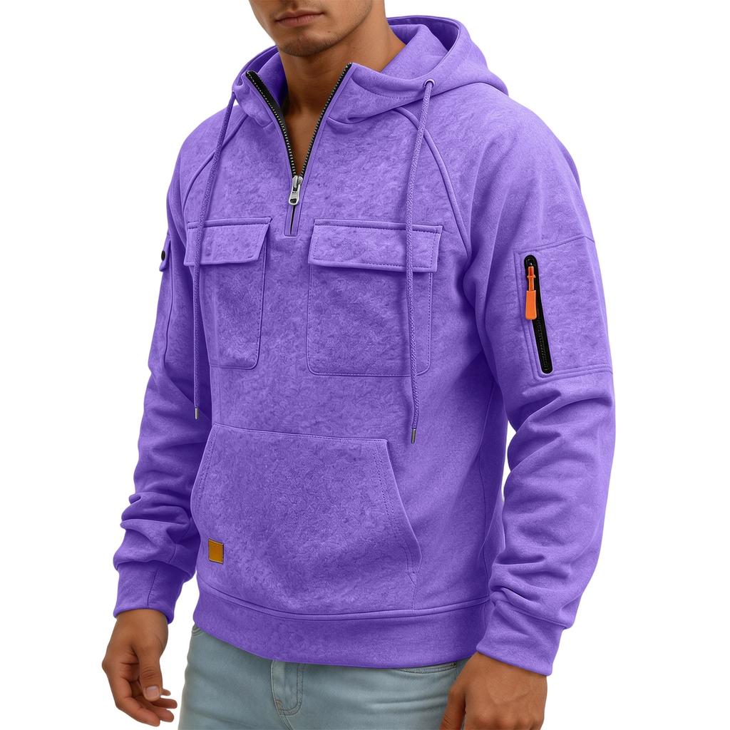 Men's Quarter-Zip Cargo Hoodie with Multi-Pockets Casual Sweatshirt for Everyday Wear
