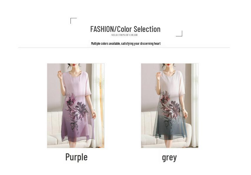 2026 Summer Chiffon Dress for Middle-Aged & Elderly Women - Mid-Length, Plus-Size, Belly-Concealing