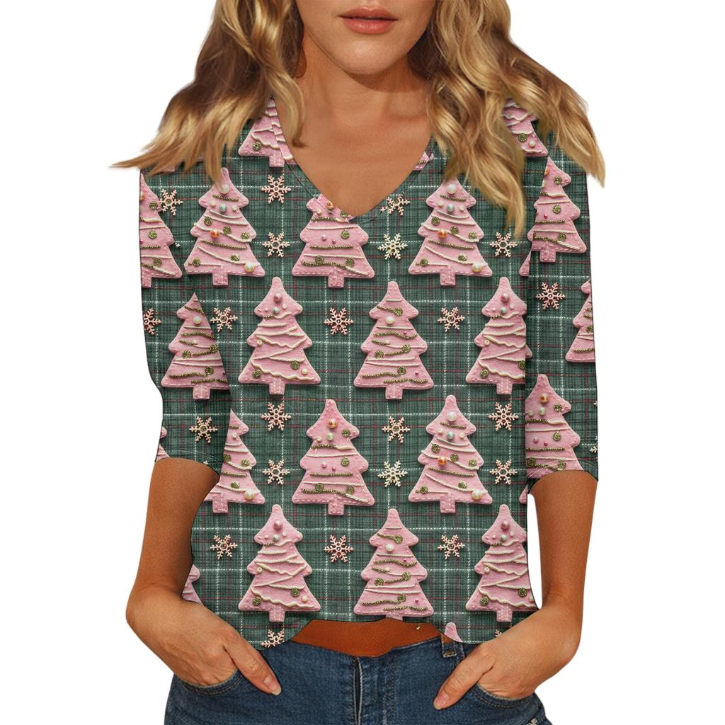Women's Casual Fashionable Sexy Comfortable V-Neck Christmas Three-Quarter Sleeve Top