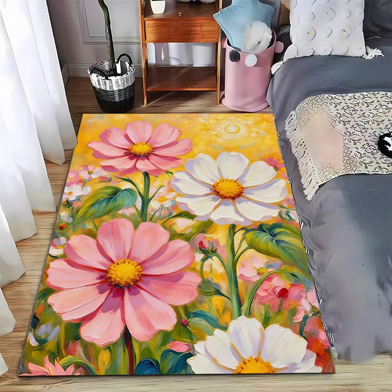 Colorful Floral Pattern Carpet with Pink and White Blossoms Design Suitable for use as an anti-slip for living room bedroom sofas