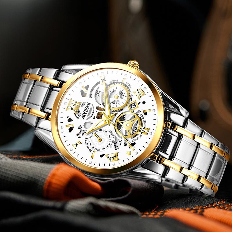 Men's Stainless Steel Waterproof Quartz Watch, Fully Automatic, Luminous, with Calendar and Steel Band