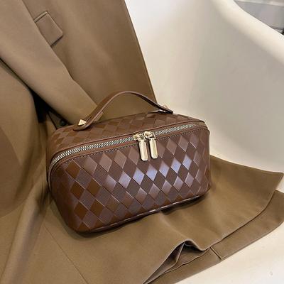 Nouveau Style, Maille Diamant, Cuir PU, Trousse de Maquillage Plate, Grande Capacité, Sac de Rangement pour Cosmétiques, Portable, Trousse de Toilette à Main