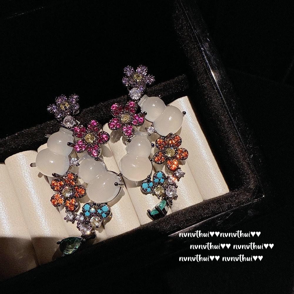 Браслет Цветок Бога из натурального высококачественного ледяного белого халцедона, Новая китайская мода, Серьги-тыква Фулу, полностью инкрустированные бриллиантами, Набор