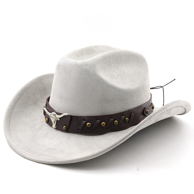 

Wind Retro Cow Head Suede Western Cowboy Hat Men And Women Jazz Top Hat Ethnic Style Big Eaves Hat M（56-58cm） світло-сірого кольору