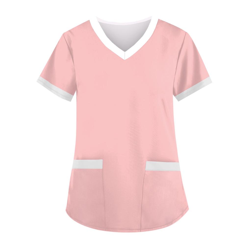 Modische Arbeitskleidung für Damen mit V-Ausschnitt, kurzen Ärmeln und bedruckten Taschen