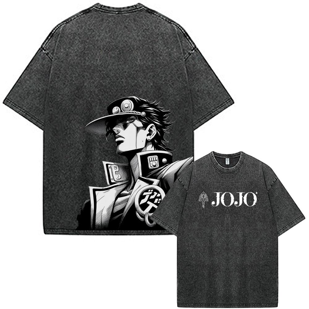 Anime JoJo's Bizarre Adventure Kujo Jotaro Vintage Gewaschenes T-Shirt Herren Damen Kleidung Lässig Übergroß Kurzarm T-Shirts Oberteile